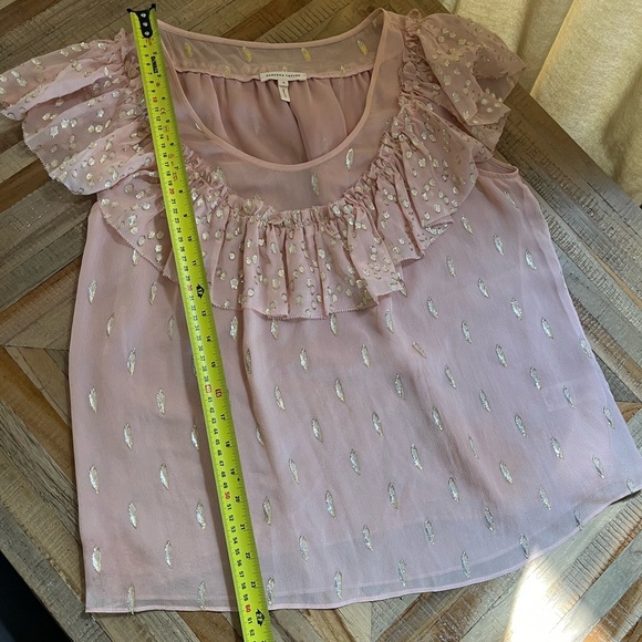 Rebecca Taylor Powder Pink and Gold Metallic Silk Flutter Sleeve Blouse Size 6 - Picture 10 of 10